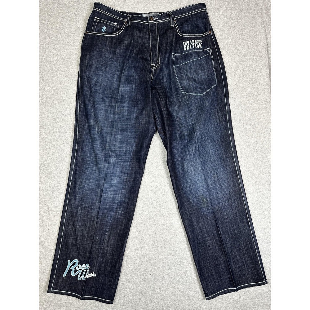 Rocawear Jeans Mens 40x34 Blue Dark Wash Ivy League Edition Embroidered Baggy